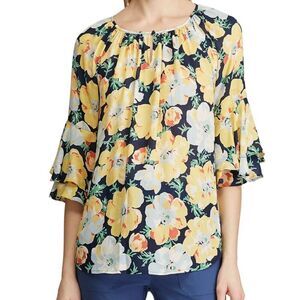 Chaps Georgette Ruffle Sleeve Peasant Blouse (Yellow Floral) - Medium